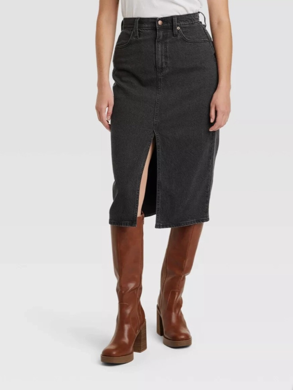 Universal Thread Black High-Rise Denim Midi Skirt with Front Center Slit size 4